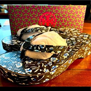 Tory Burch Printed Cut-Out Wedge Flip Flops